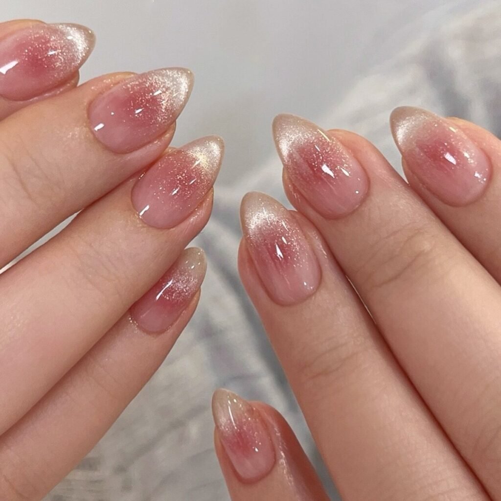Faux Ongles Ombré – faux ongles amande rose dégradé à pointes pailletées | OnglesOnline