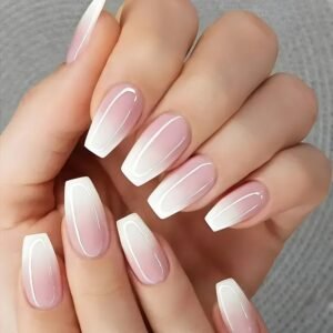 Faux Ongles Rose Dégradé – faux ongles ballerine dégradé rose et blanc brillant | OnglesOnline