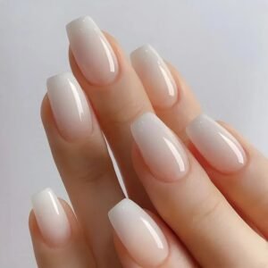 Faux Ongles Rose Dégradé et Blanc – faux ongles ballerine dégradé nude et blanc laiteux brillant | OnglesOnline